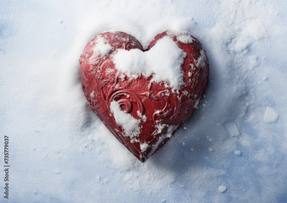 A heart-shaped object covered in a blanket of snow, emphasizing the wintry scene.