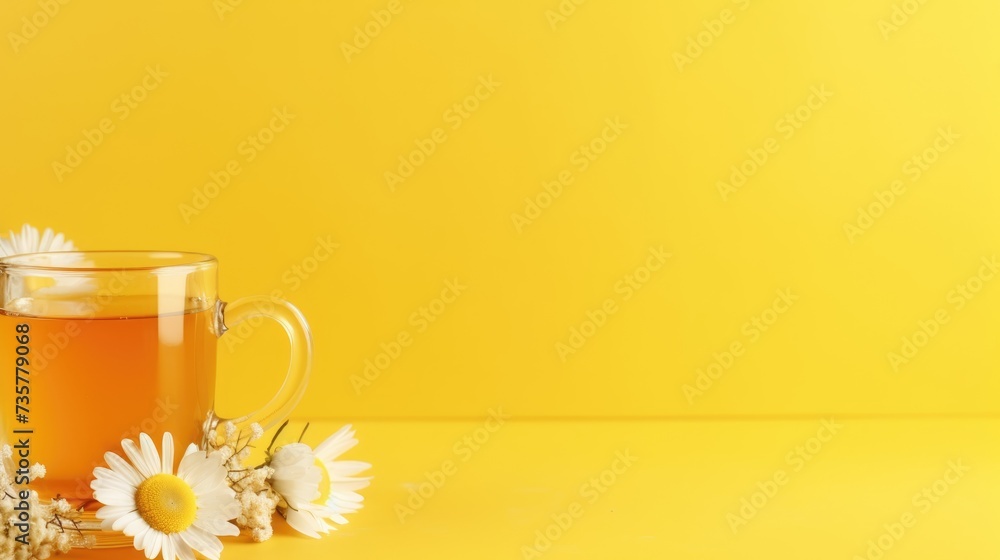 Hot chamomile tea in glass cups on the table. A healthy hot drink. Alternative medicine. A decoction of herbs. Hot chamomile tea in glass cups on the table. A healthy hot drink. Alternative medicine. A decoction of herbs.