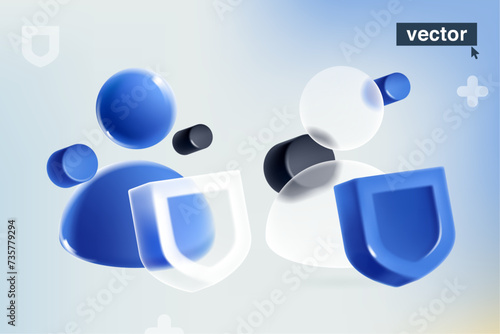 Person user icon in glassmorphism style. Blue security shield. Realistic 3D render in plastic cartoon. Vector for defense app, antivirus protection, privacy banner, good password, online data safety.
