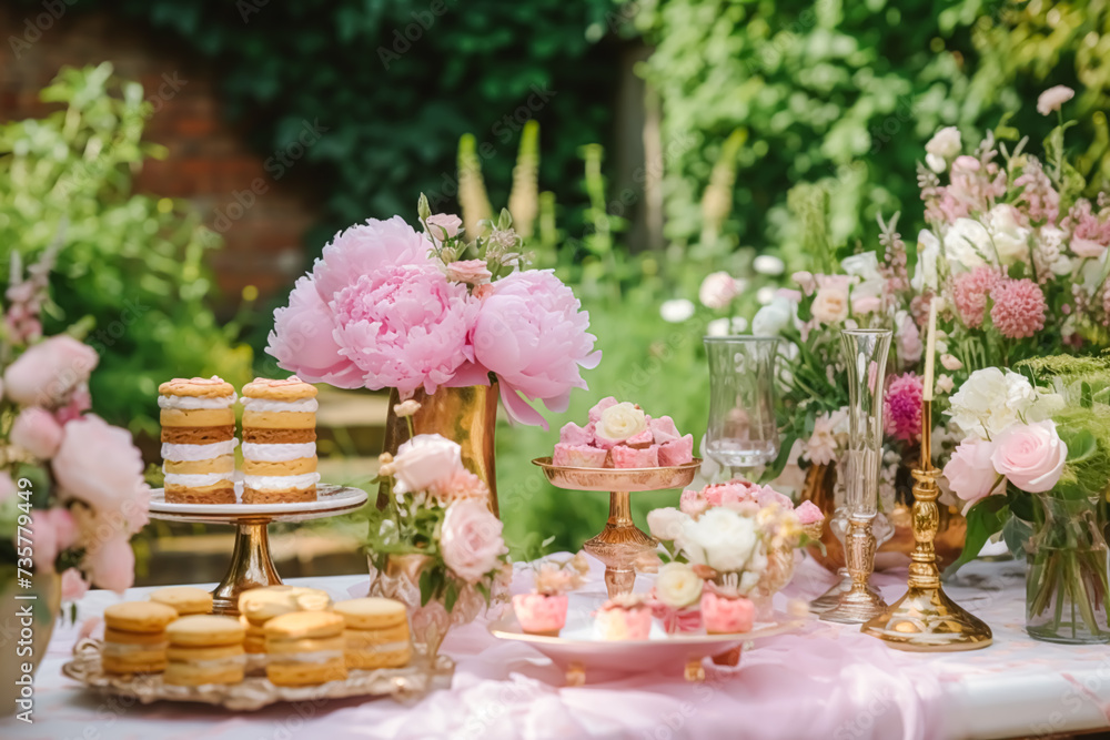 Wedding buffet table, event dessert food catering for wedding, party and holiday celebration, cakes, sweets and desserts in a country garden, generative ai