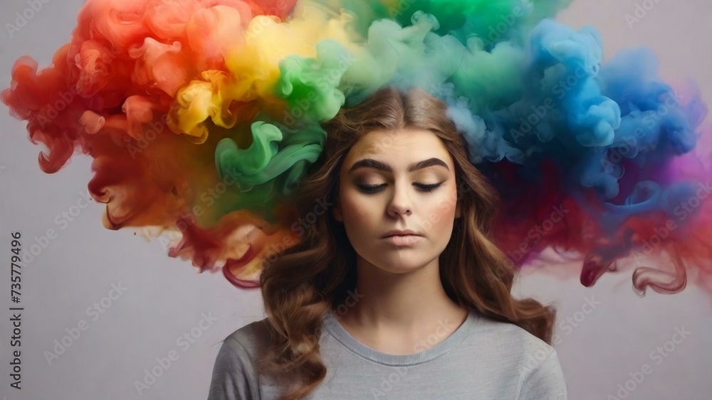 Girl with rainbow smoke on her head