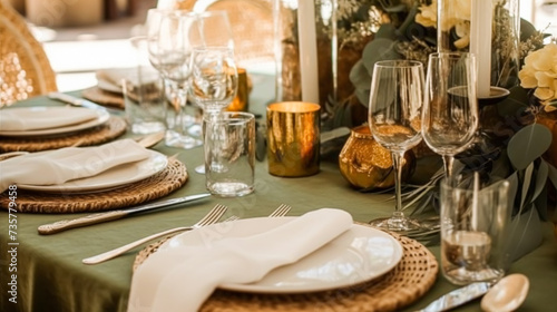 Sage green holiday tablescape, formal dinner table setting, table scape with decoration for wedding party and event celebration, generative ai