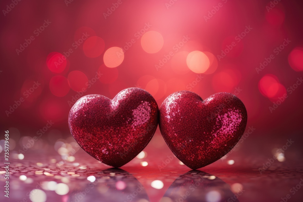 Two red hearts made of paper or fabric are placed side by side on a table.