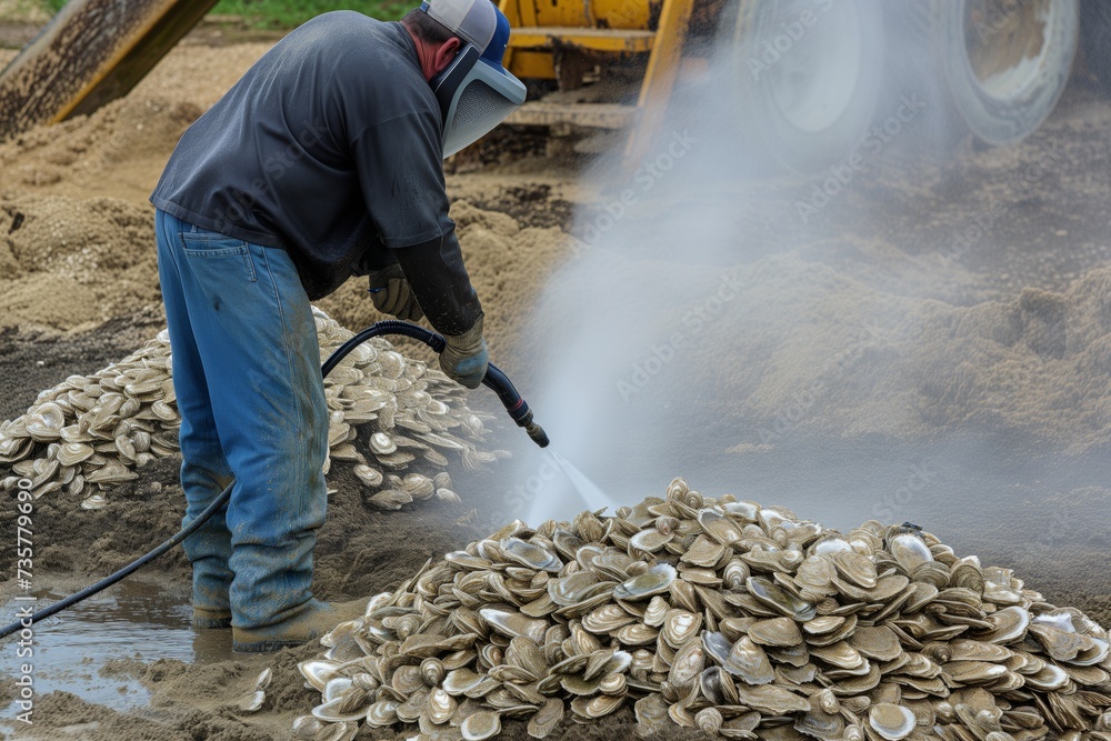farmer using a pressure washer to clean oyster shells