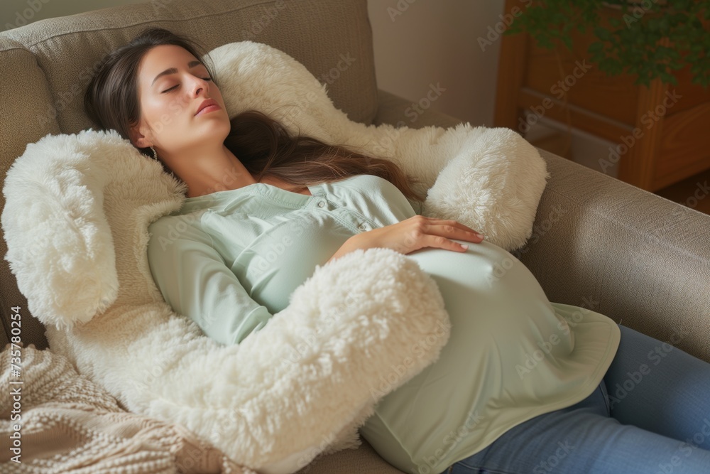 woman taking a nap on the sofa with a pregnancy pillow woman taking a nap on the sofa with a pregnancy pillow