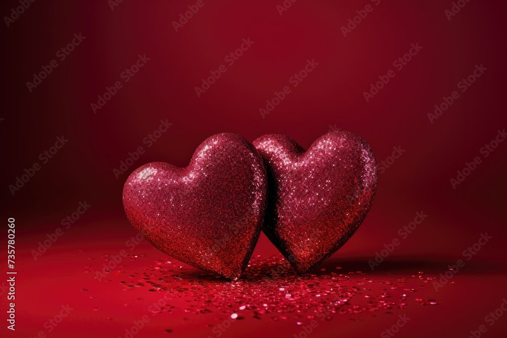 A photograph capturing two hearts in the shape of a couple upon a vibrant red background.
