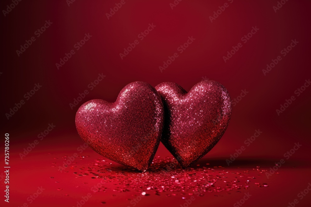 Obraz premium A photograph capturing two hearts in the shape of a couple upon a vibrant red background.