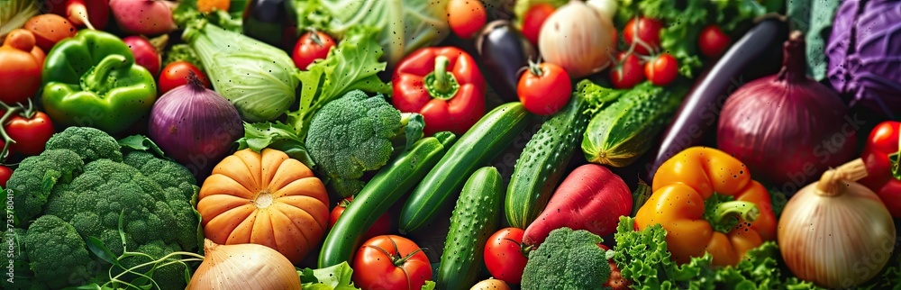 Organic vegetables including cucumbers tomatoes eggplants carrots broccoli cabbage onions celery and asparagus forms colorful backdrop representing abundance and diversity of nature bounty - obrazy, fototapety, plakaty 