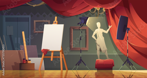 Art studio interior. Cartoon room with painting materials, workshop with tools and palette, canvas for artists. Vector illustration