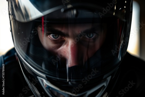 helmeted rider with focus on intense eyes before the start © studioworkstock