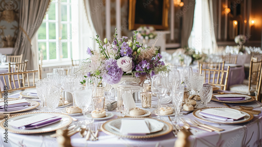 Wedding decor with lavender theme, floral decoration design and beautiful decor setting arrangement