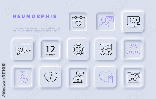 Dating apps set line icon. Smartphone, star, coincidence of interests, laptop, assessment, emotions. Neomorphism style. Vector line icon for business and advertising