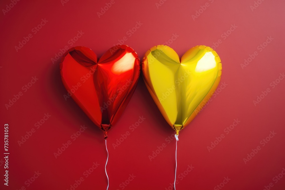 Two heart-shaped balloons, one red and one yellow, floating against a striking red background.