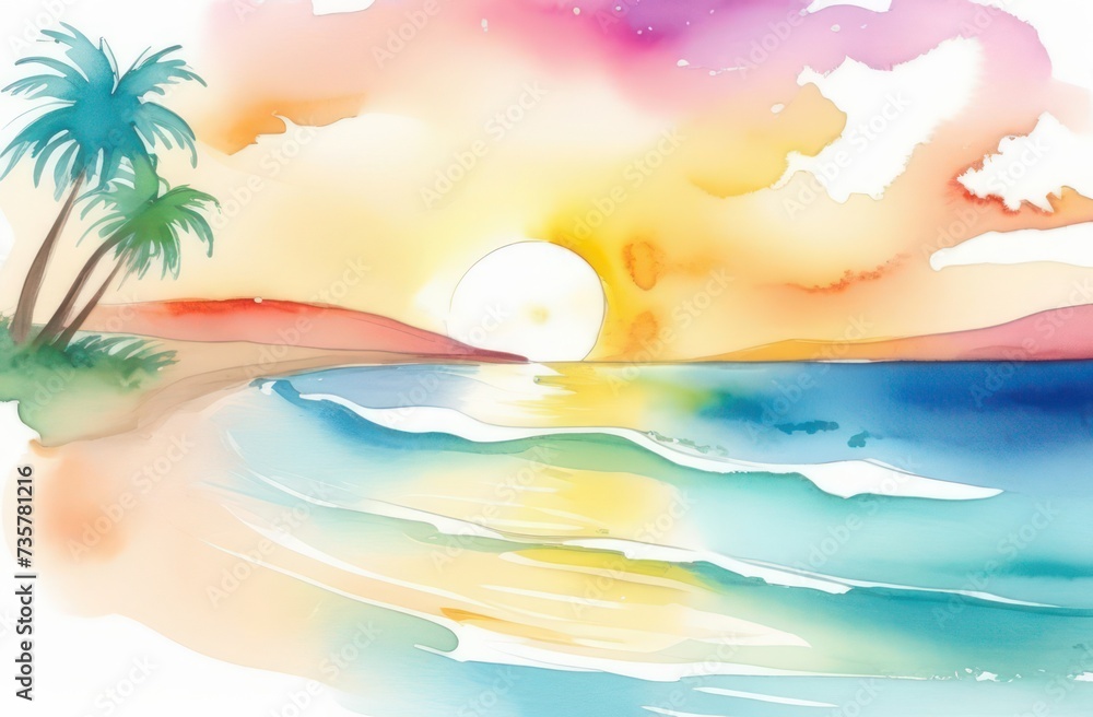 Watercolor drawing. Sun Sea Beach
