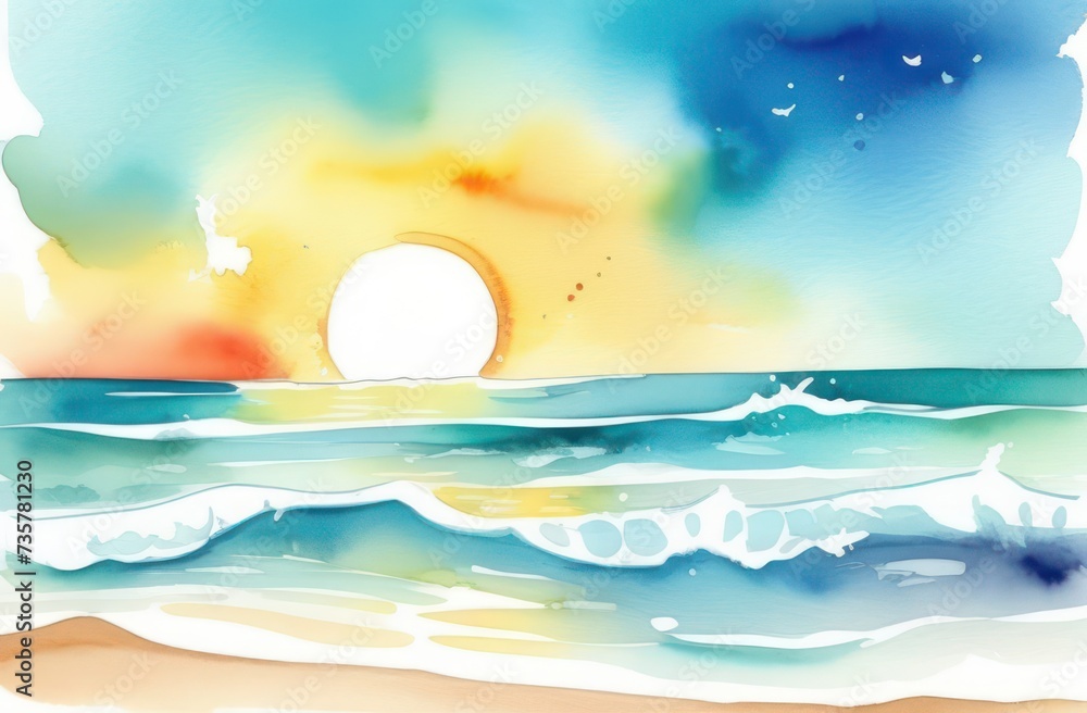 Summer sunny ocean in watercolor style with sunset background