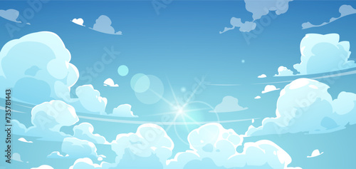 Cartoon summer sky. Landscape of bright sunny day with floating white cumulus clouds, outdoor scenery with blue sky background. Vector illustration