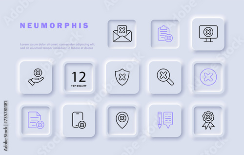 Crosses set line icon. Cancellation, contract clause, smartphone, GPS, pencil, SMS, monitor. Neomorphism style. Vector line icon for business and advertising