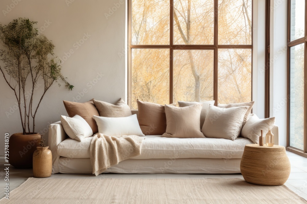 Fototapeta premium A spacious living room featuring a white couch and a large window that fills the space with natural light.