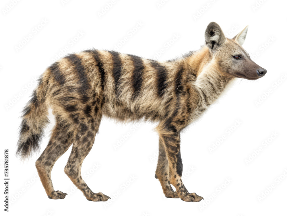 Aardwolf standing side-on, displaying its distinctive striped pattern and bushy tail on transparent background.