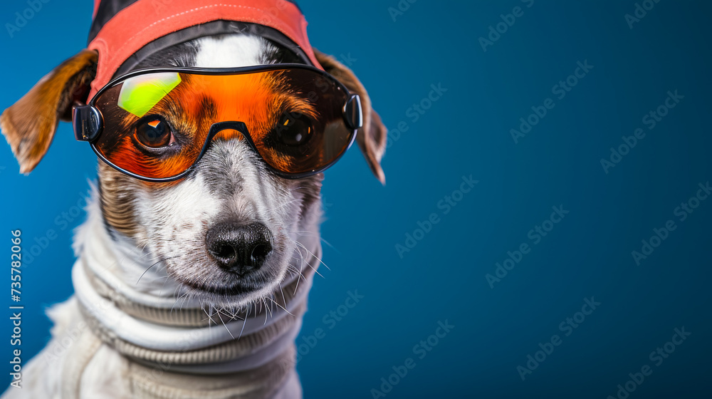 dog wearing sunglasses with orange lenses