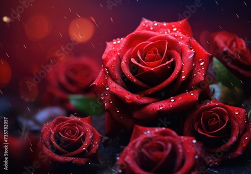A cluster of vibrant red roses adorned with sparkling water droplets  creating a visually striking and captivating image.