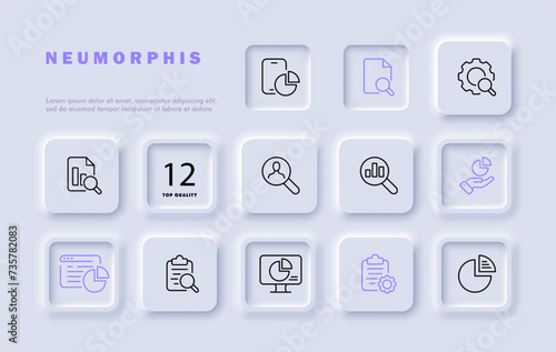 Graph set line icon. Economics, search, smartphone, diagram, pie chart, website, minitor, data analysis. Neomorphism style. Vector line icon for business and advertising photo