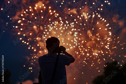 photo enthusiast with camera taken aback by fireworks display photo