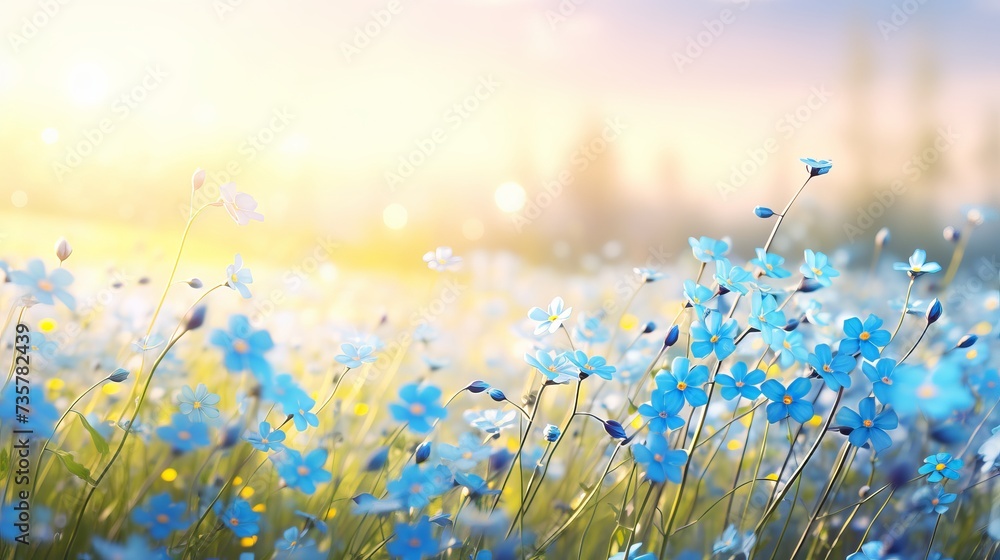 Breathtaking panoramic spring background with vibrant forget me not flowers blooming in a meadow
