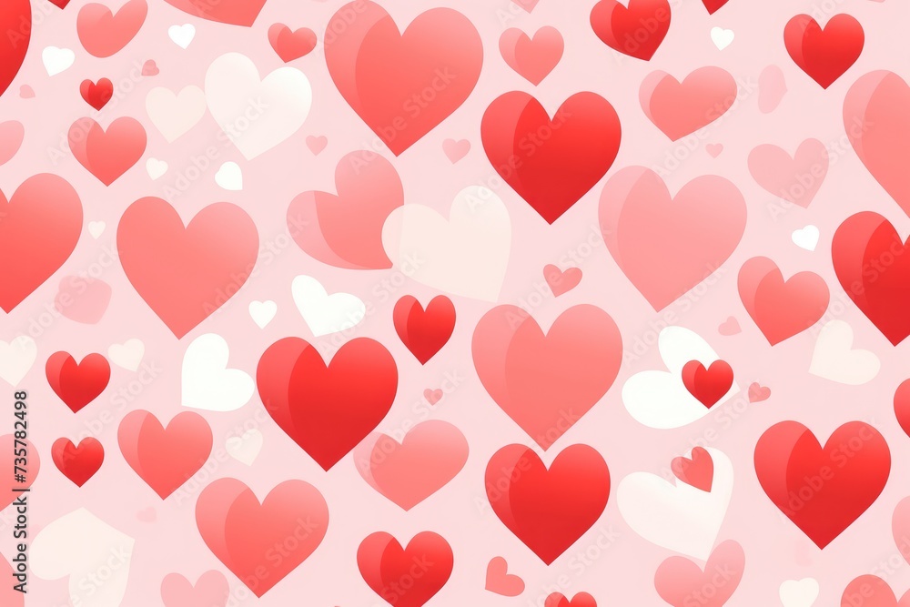 A vibrant and colorful image depicting numerous red hearts scattered across a soft pink backdrop.