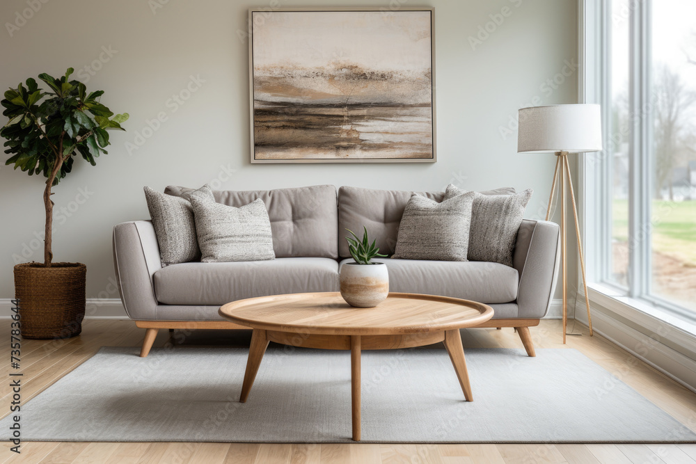 In this photograph, a spacious living room is showcased, fully furnished with different pieces of furniture, complemented by a large window. In this photograph, a spacious living room is showcased, fully furnished with different pieces of furniture, complemented by a large window.