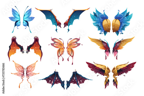 Cartoon fairy wings. Abstract magic fantasy butterfly and bird feather shapes, beautiful winged angel and fairy tale character elements. Vector isolated set