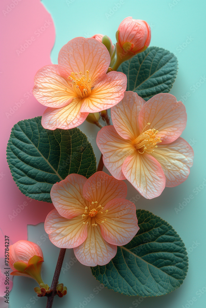 Pink and yellow flowers on a color-block background. Colored primrose blossoms on pastel pink and turquoise background. Minimal spring / summer concept.