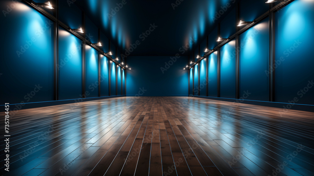 Blue wall and wooden floor interior for presentation background