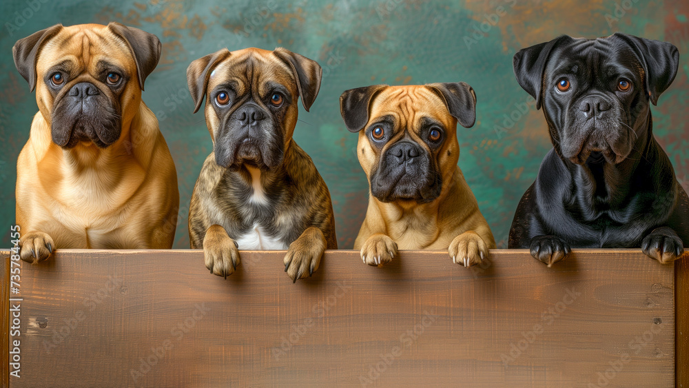 Four boxer / bulldog dogs looking over a wooden board / placard with copy space for text.