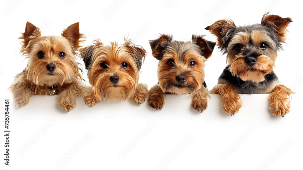 Four yorkshire terrier dogs looking over a blank board placard cut out and isolated on a white background with copy space for text.