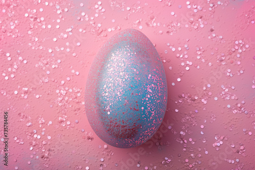 Blue egg with glitter. Flat lay. Blue easter egg with reflective pink glitter.  Solid pink copy space background. Happy Easter wallpaper card background for beauty industry