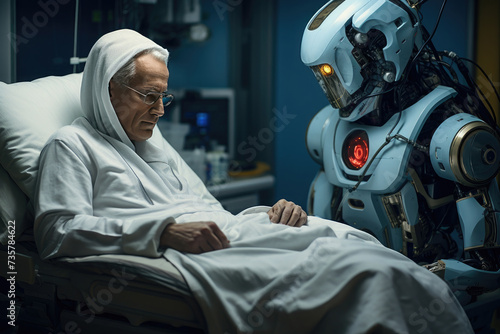 Hyper modern medical humanoid robot stands over a patient in a hospital bed. Patient dressed in pajamas lying on a hospital bed. Robot talking to a patient.The future of medicine photo