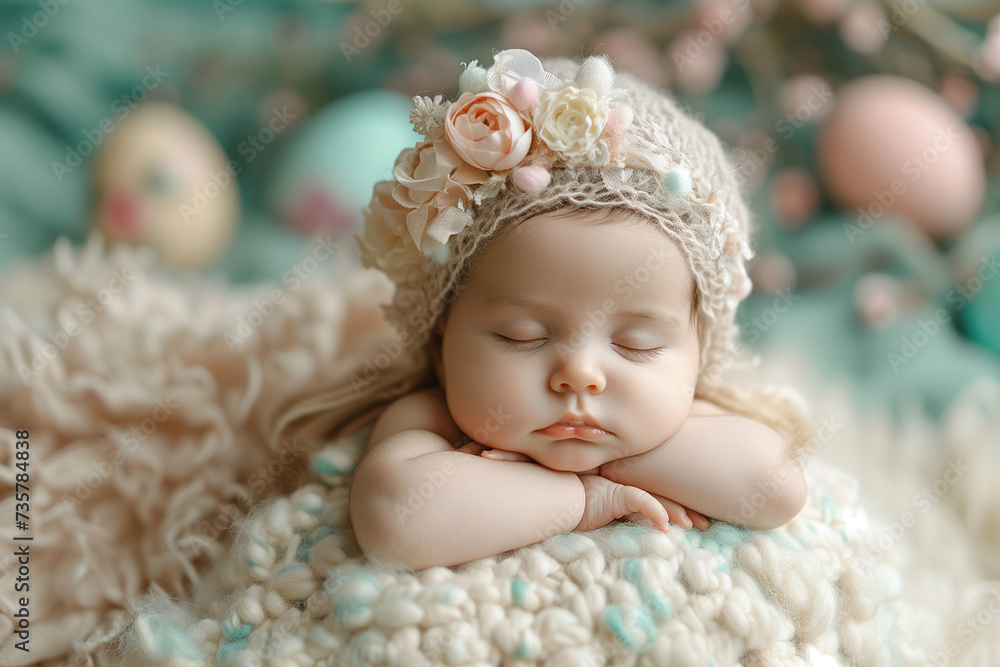 Spring Easter portrait of a girl with Easter eggs in background. Cute infant baby girl sleeping on a beige green blanket in a professional newborn photography studio setup. Easter card. Pastel colors Spring Easter portrait of a girl with Easter eggs in background. Cute infant baby girl sleeping on a beige green blanket in a professional newborn photography studio setup. Easter card. Pastel colors