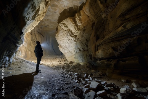 person with a flashlight in a cave, facing a rock wall end