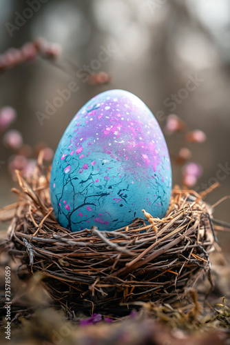 Beautiful hand-painted Easter egg in nest concept. A closeup of pink, cyan and purple colored Easter egg as a constrast to the brown nest and dull background. photo