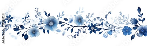 A photo featuring vibrant blue flowers and leaves arranged on a pristine white background.