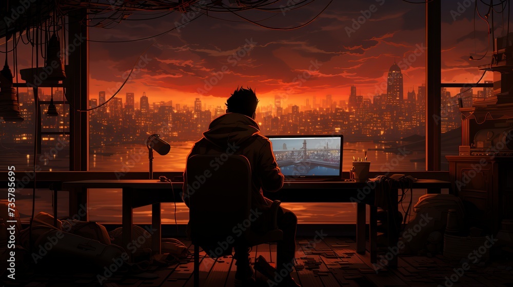 man writing in big sized room with computer desk man writing in big sized room with computer desk