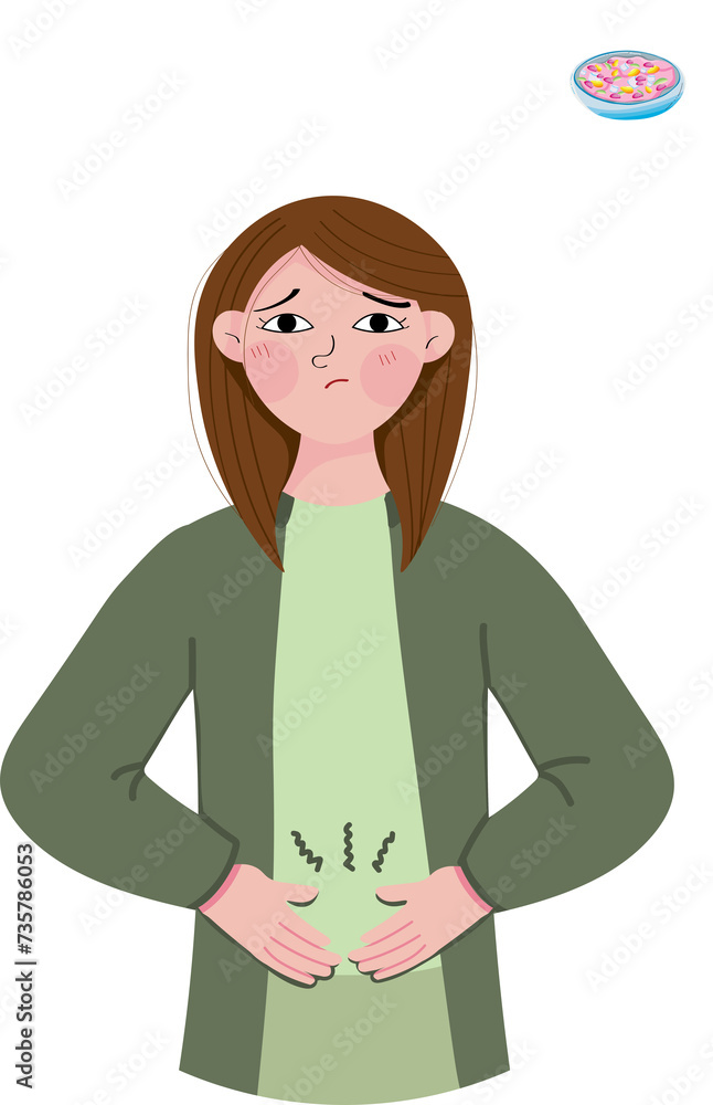 Vector illustration girl holding stomach because of hungry, kid thinking of food and holding her stomach, stomach ache Vector illustration girl holding stomach because of hungry, kid thinking of food and holding her stomach, stomach ache