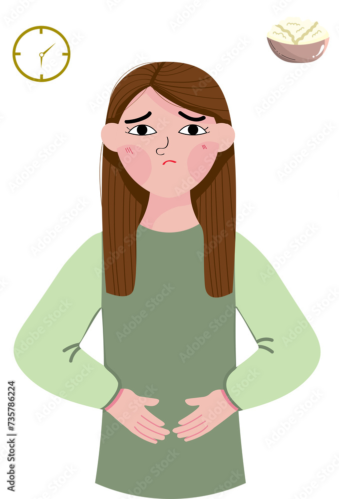 Woman hold her stomach because she feel hungry and craving Woman hold her stomach because she feel hungry and craving