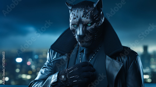 Visualize a suave panther in a tailored leather trench coat, accessorized with a platinum chain necklace and leather gloves. Against a backdrop of urban nightlife, it exudes mysterious allure and soph