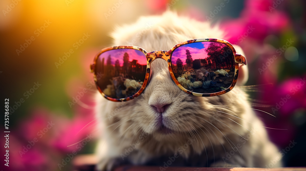 Picture a fashionable rabbit in a cashmere sweater, accessorized with a diamond-studded collar and designer sunglasses. Against a backdrop of blooming gardens, it exudes playful elegance and sophistic