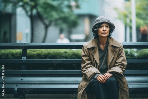  Content middle-aged homeless woman, 45 years old, Asian, sitting on a bench in a peaceful corner of the city, finding joy in simplicity