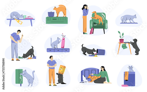 Pets bad behavior. Cartoon naughty cat and dog destroy home, mischievous animals make mess and chaos. Vector flat set