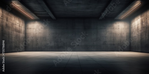 Concrete big room hall Grungy corridor warehouse with futuristic lighting. Modern industrial factory interior