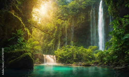 Waterfall hidden in the tropical jungle, amazing nature